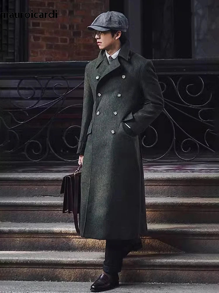Men's Long Double Breasted Green Overcoat for Autumn and Winter
