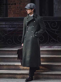 Men's Long Double Breasted Green Overcoat for Autumn and Winter