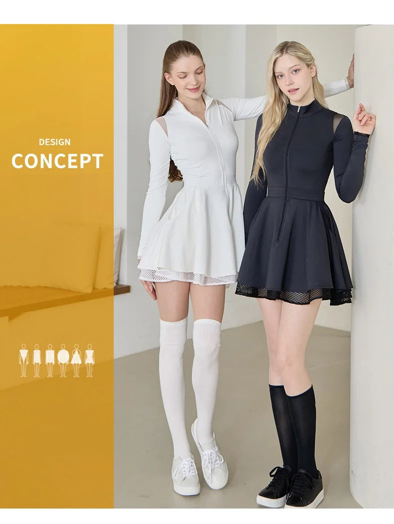 Spring Autumn Tennis Dress with Short Women Lace Ruffle Golf Sports Dresses Long Sleeve Sexy Zipper Skirt Exercise Yoga Clothing