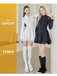 Spring Autumn Tennis Dress with Short Women Lace Ruffle Golf Sports Dresses Long Sleeve Sexy Zipper Skirt Exercise Yoga Clothing