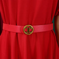 Women's Polyester O Neck Short Sleeve Belted Pleated Mid-Calf Dress