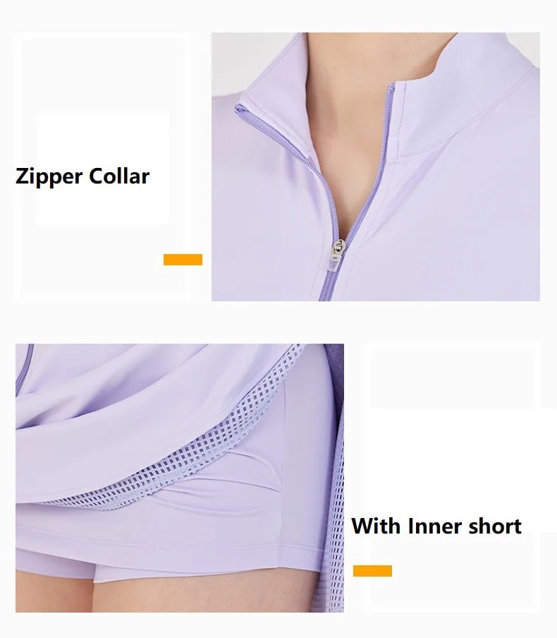 Fashion Tennis Golf Clothing Ladies Sleeveless Lace Sports Dress Quick Dry Half Zip Slim Dresses Woman Girls Sports Jersey Skirt