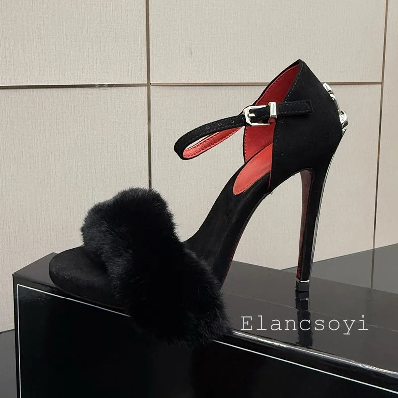 Super High Heels Sandals Women Mink Fur Metal Sword Thin Heels Open Toe Ankle Strap Sandalias Summer Fashion Party Dress Pumps - Buy online at  Vibe In Cart.