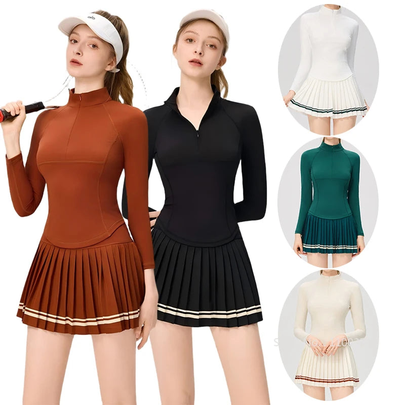 Women Long Sleeve Yoga Tennis Shirts Zipper Collar Workout Athletic Tops Ladies Slim Pleated Tennis Skirt Gym Short Skorts - Buy online at  Vibe In Cart.