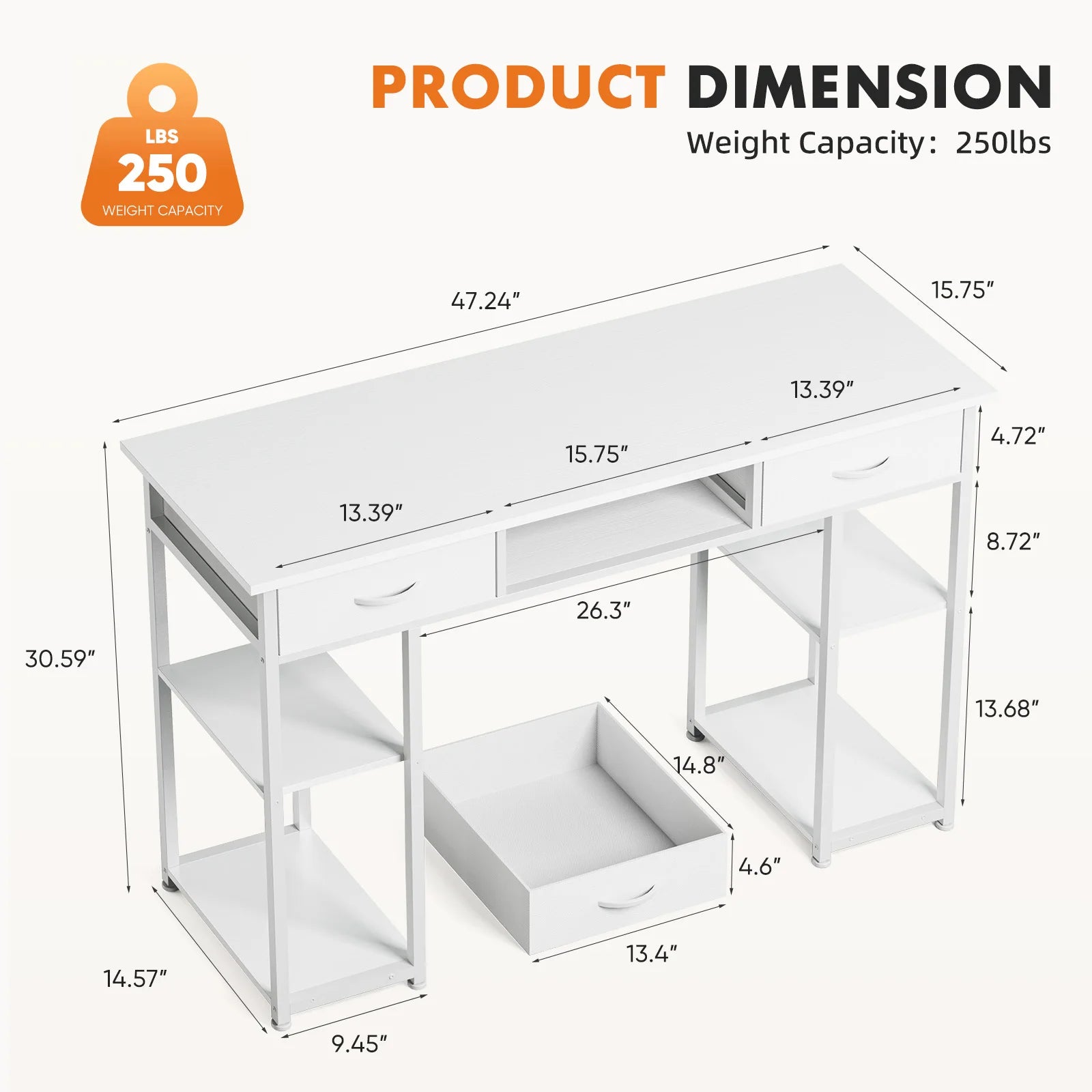 JHK 48 Inch Double Deck Shelving Office Computer Desk with Pull-out Fabric Storage Drawers Metal Frame Adjustable Feet Table ﻿ - Buy online at  Vibe In Cart.