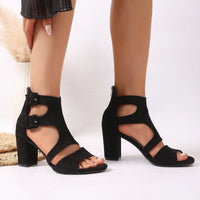 Spring and Summer New Women's Black Suede Chunky Heel Sandals, Hollow Double Buckle Strap Open-Toe High Heels, Versatile Roman Style Women's Shoes for Commuting - Buy online at  Vibe In Cart.