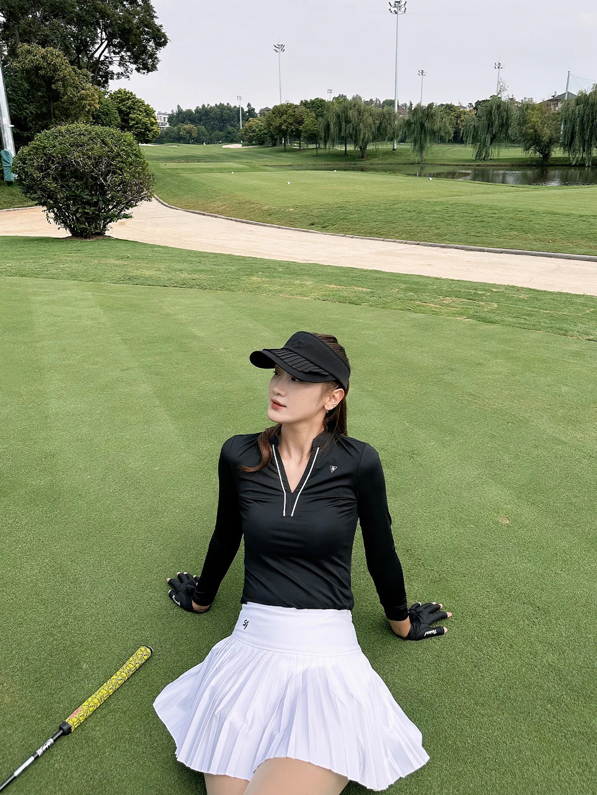 SG Golf Women V-Neck Polo Shirt Spring Fall Long Sleeve Slim Tops Ladies High-end Sport Skort Pleated Anti-Exposure Tennis Skirt - Buy online at  Vibe In Cart.