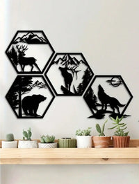 4PC Hexagon Animal (Deer/Wolf/Bear) Metal Wall Sculpture | Rustic Black Decor | Halloween & Christmas Gift - Buy online at  Vibe In Cart.