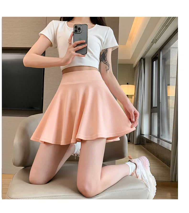 Women's Black High Waist Pleated Mini Skirt with Elastic Waist