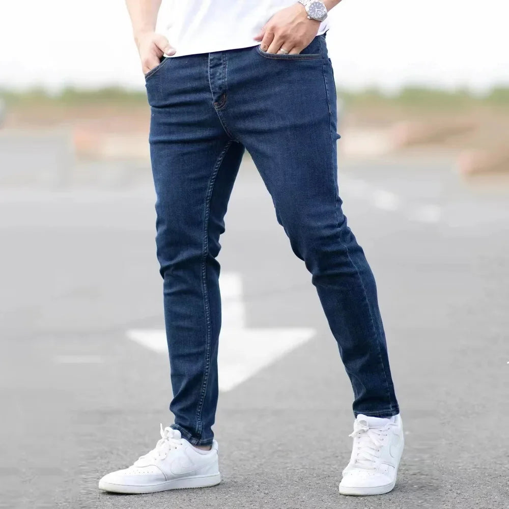 Spring Mens Black Blue Pants Pure Color Stretch Jeans Street Casual Slim Fit Trousers Male Vintage Wash Skinny Jeans for Men - Buy online at  Vibe In Cart.