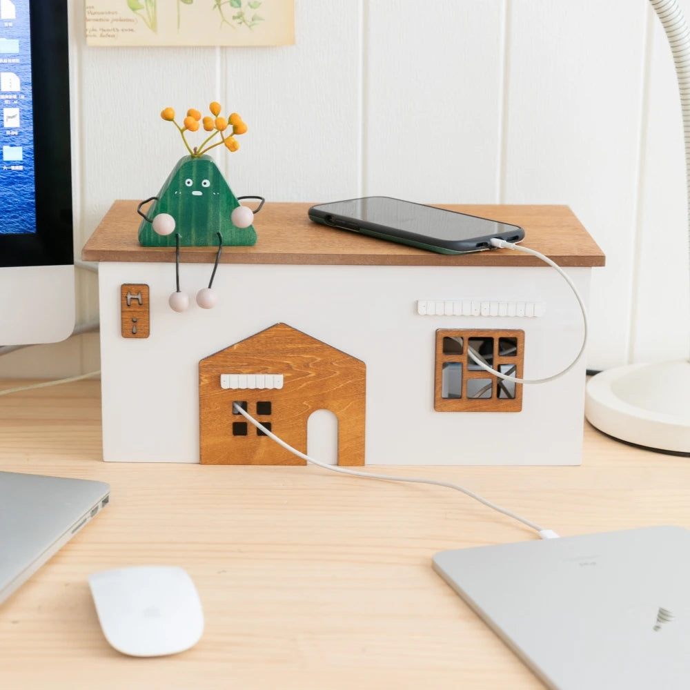 Wooden Rectangle Storage Box for Desktop Cord Organization