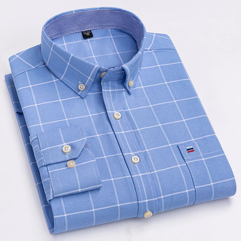 100% Cotton Oxford Men's Shirts Long Sleeves Plaid Soft Regular Fit Formal Dress Shirt Pocket Social Blouse Male Clothes S-7XL - Buy online at  Vibe In Cart.