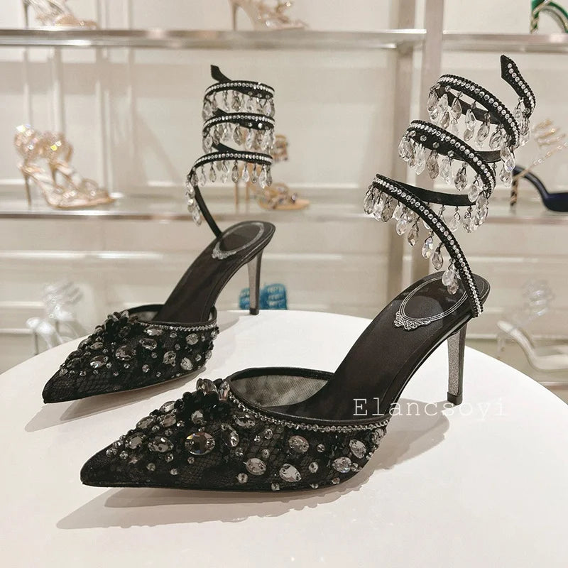 Fashion High Heels Sandals Women Shiny Crystal Tassel Snake Shaped Winding Wedding Shoes Summer Pointed Toe Stiletto Sandalias - Buy online at  Vibe In Cart.