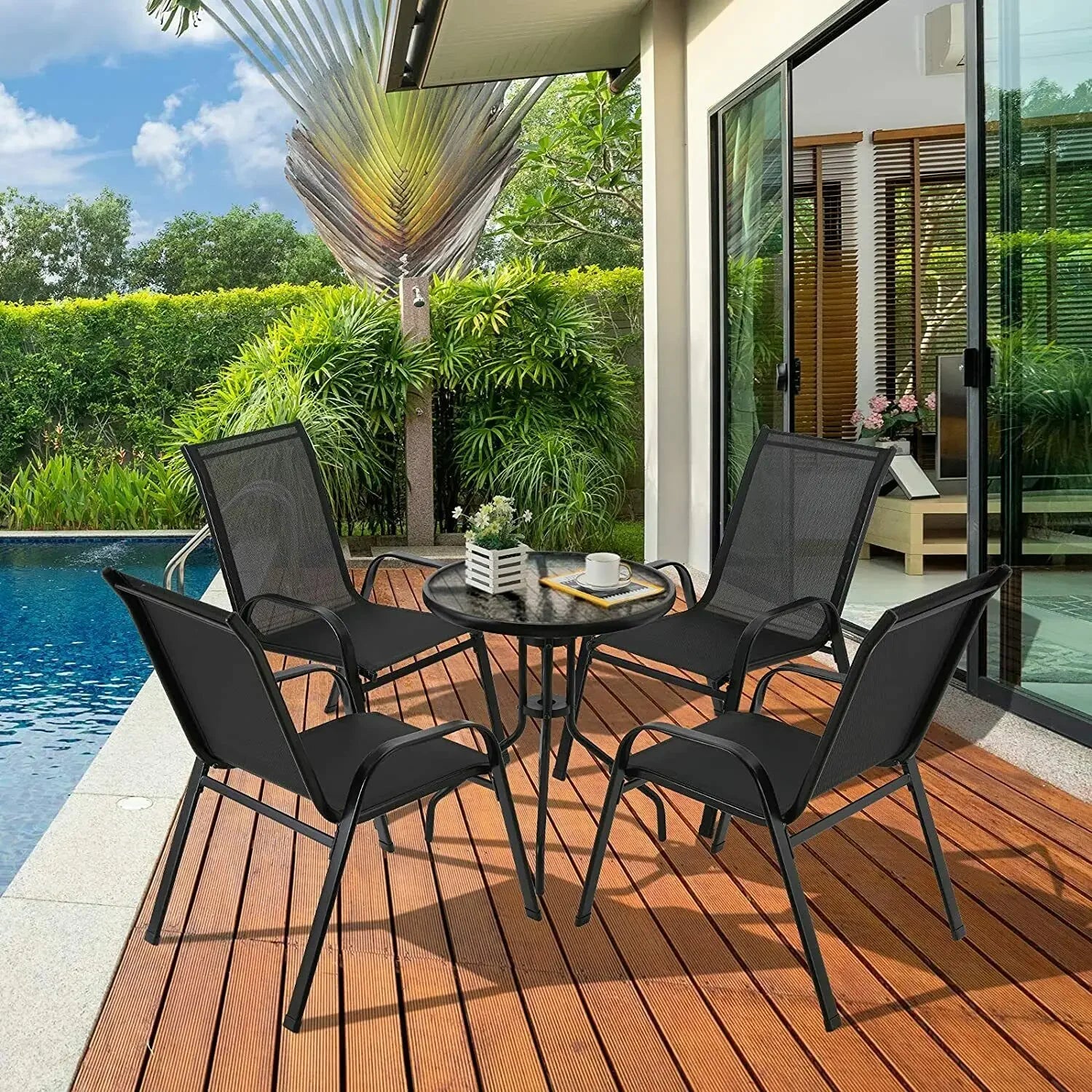 4 Metal Outdoor Chair Set Stackable Patio Textilene Dining Chair Stack Metal Frame Set of 4, Load Weight 150kg, Black,Brown,Gray - Buy online at  Vibe In Cart.