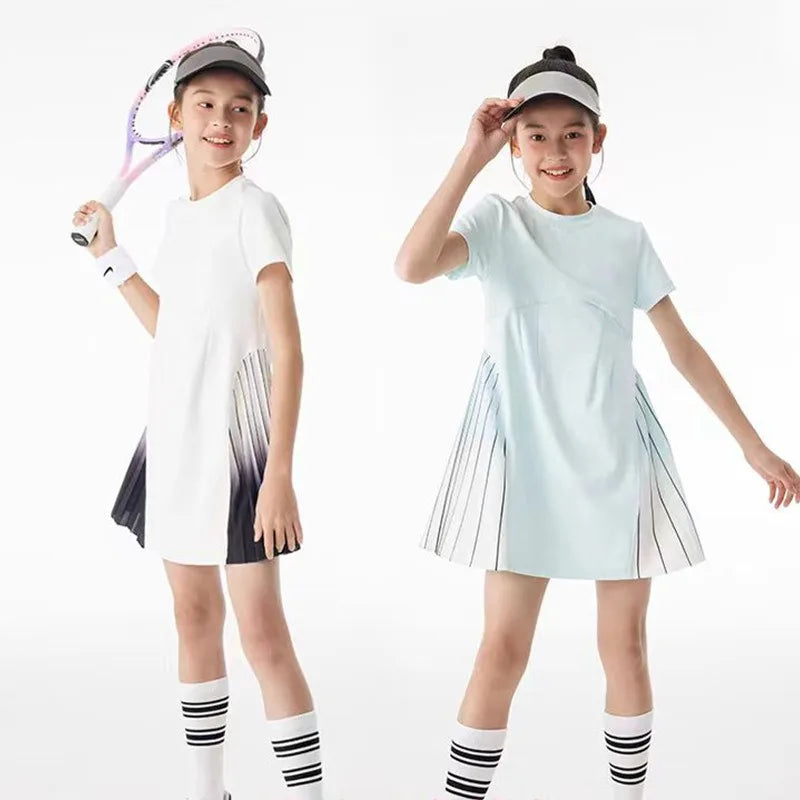 Girls Tennis Dress Kids Cute Golf Outfit School Sports Dresses Children Short Sleeve Workout Athletic Pleated Skirts With Shorts