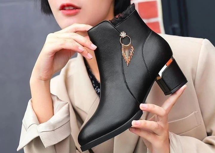 Autumn Winter Black Booties Elegant with Medium Heels Women's Ankle Boots Leather Warm Female Short Shoes Comfortable Boot Sale - Buy online at  Vibe In Cart.