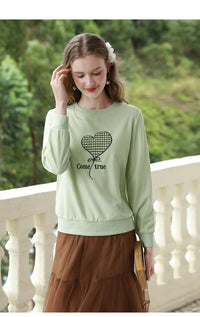 Women's Green Waffle Knitted Loose O-Neck Pullover Hoodie with Embroidery
