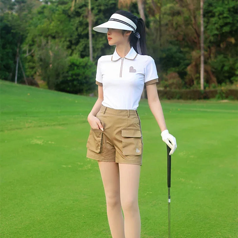 Love Golf Women Short Sleeve Sports Shirts Breathable Casual Tops Ladies High Waist Golf Shorts Quick Dry Skorts with Pockets