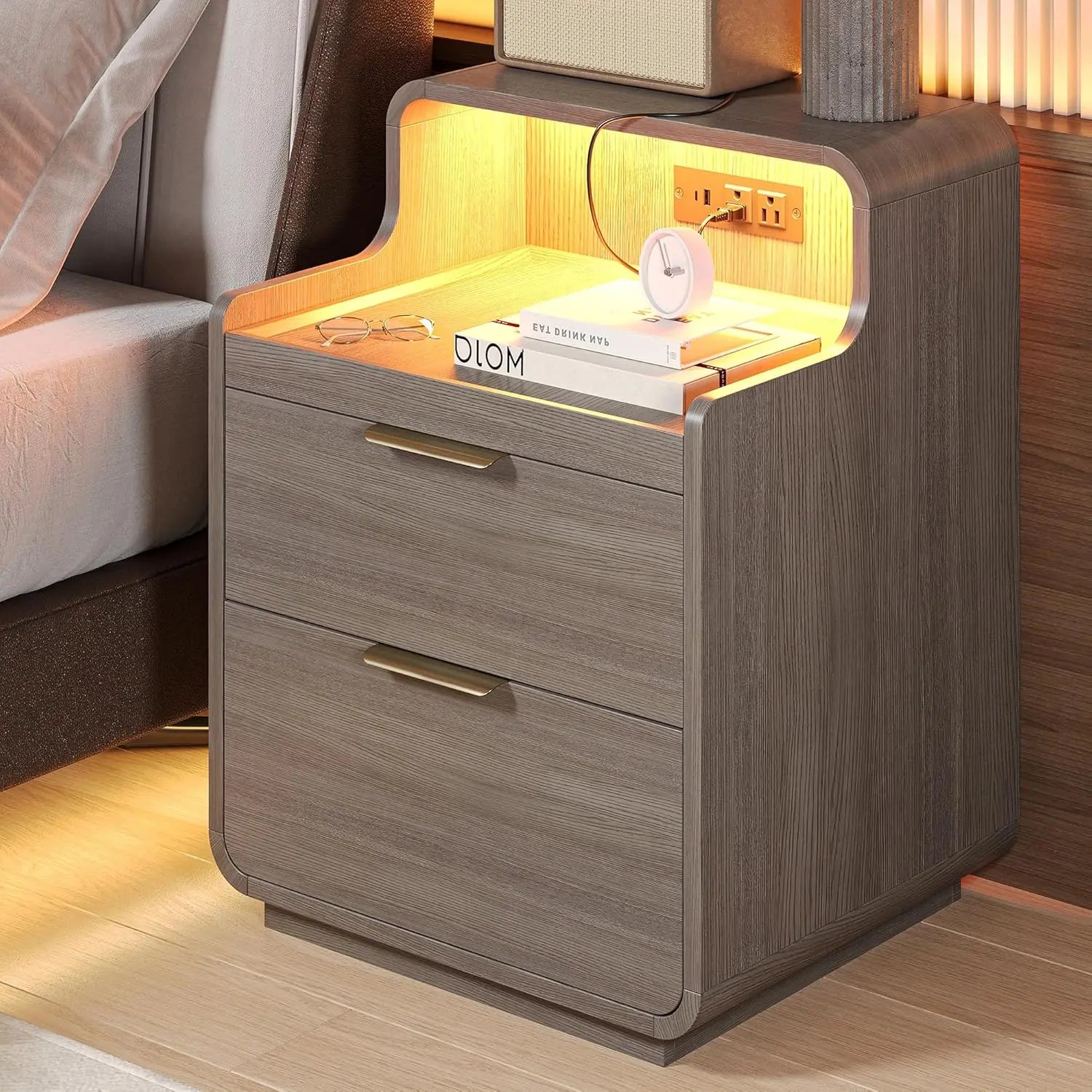 LIKIMIO Nightstand with Charging Station and LED Lights, Night Stand with Pull-Out Shelf, Bedside Table for Bedroom, Black - Buy online at  Vibe In Cart.