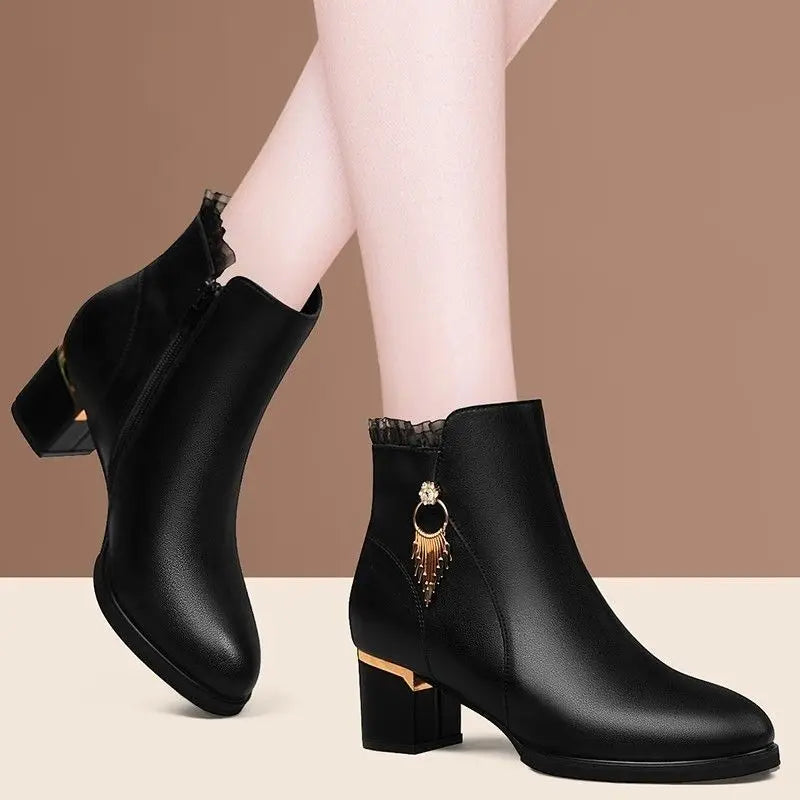 Autumn Winter Black Booties Elegant with Medium Heels Women's Ankle Boots Leather Warm Female Short Shoes Comfortable Boot Sale - Buy online at  Vibe In Cart.