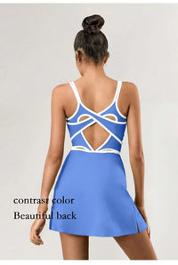 Women Tennis Dress with Inner Short Golf Badminton Skorts Backless Cross Tracksuits Ladies Sleeveless Golf Yoga Dresses S-XL