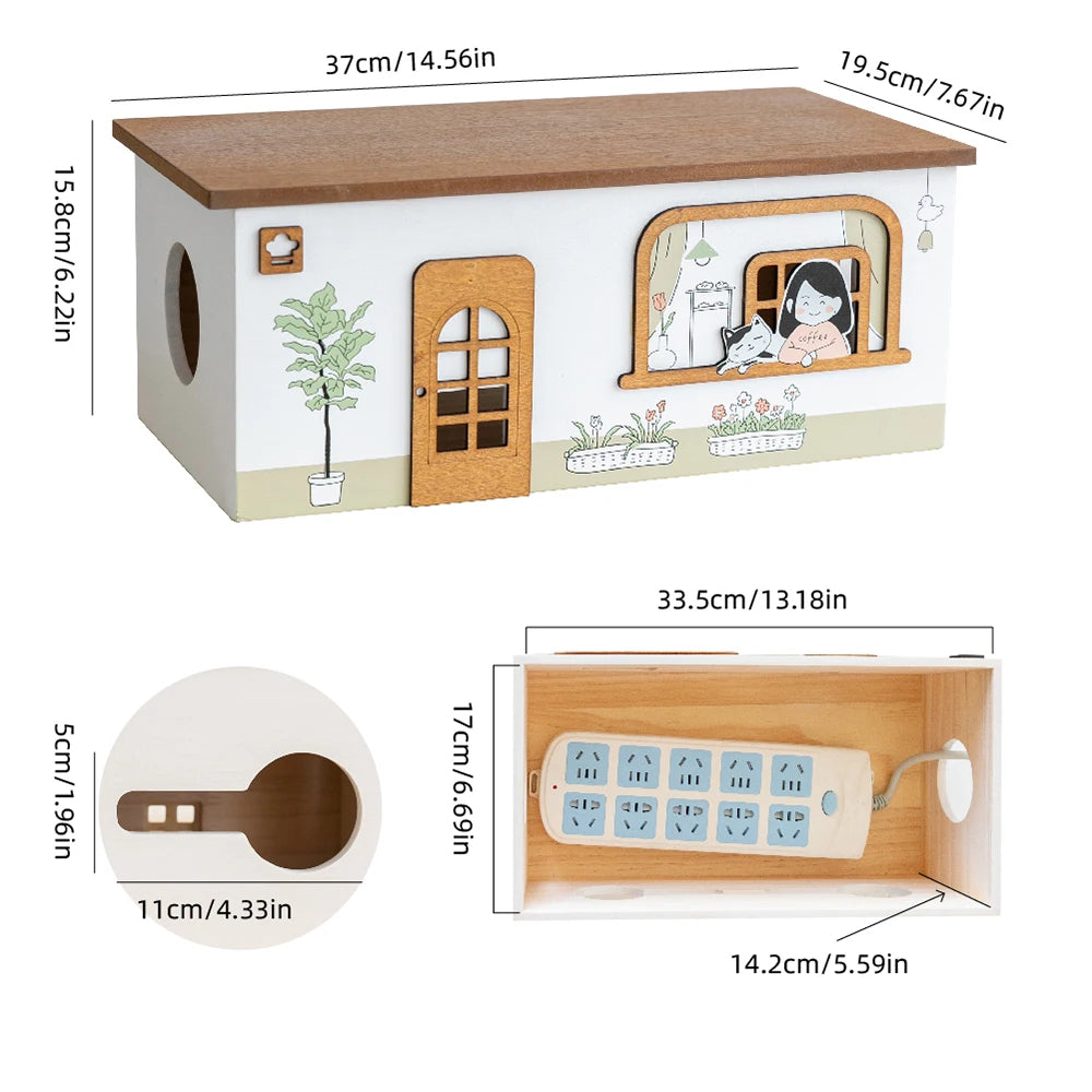 Wooden Rectangle Storage Box for Desktop Cord Organization
