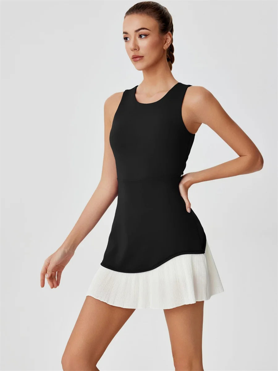 Women One-piece Tennis Dress Summer Black Contrast Pleated Anti Light Speed Dry Sports Dresses Hollowed Out Back Yoga Clothes - Buy online at  Vibe In Cart.