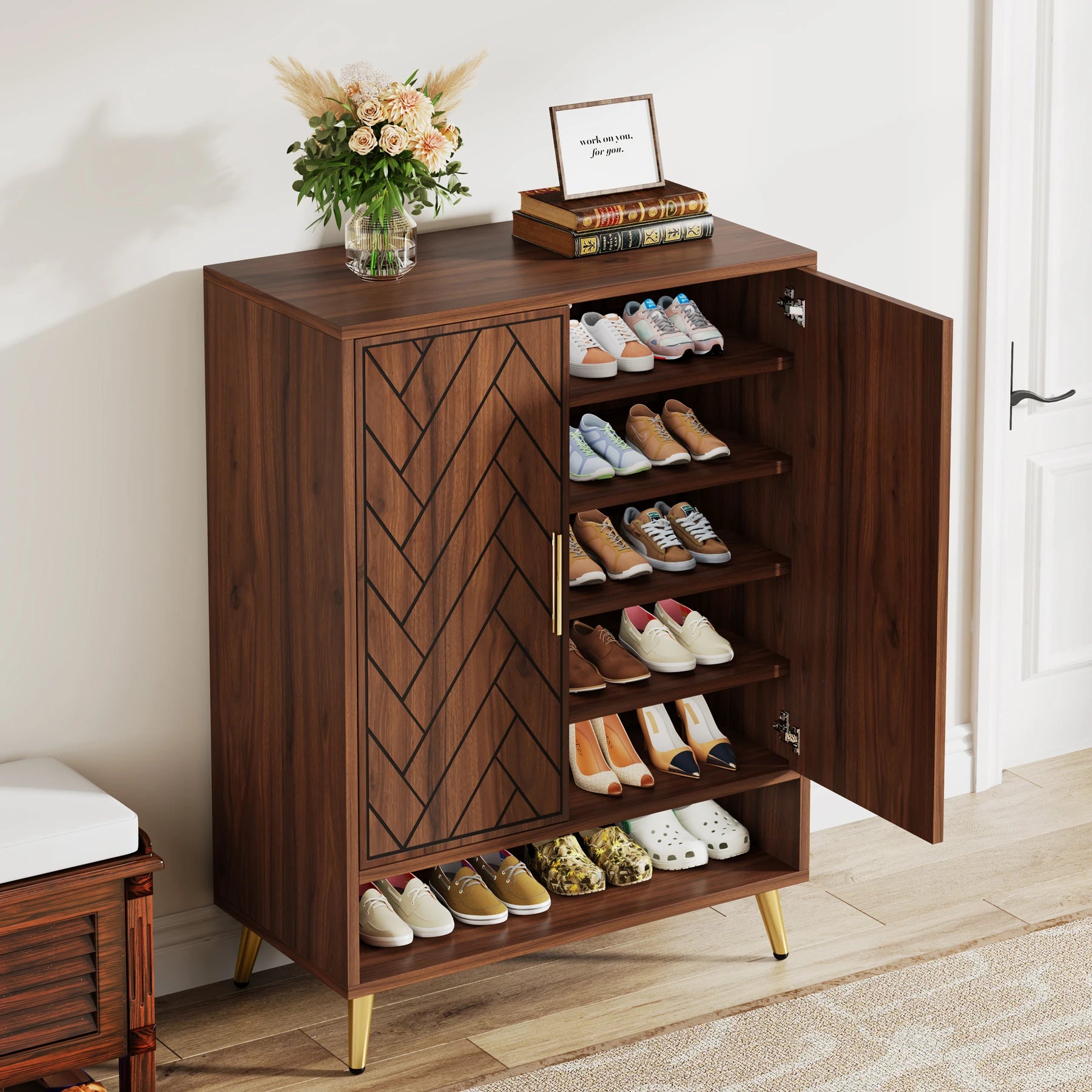 Tribesigns 6-Tier Shoe Cabinet with Doors, Walnut Wooden Shoe Storage Cabinet with Adjustable Shelves for Entryway - Buy online at  Vibe In Cart.