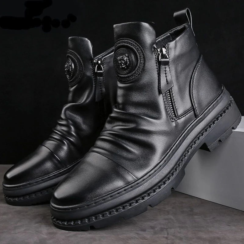 Men's Motorcycle Leather Boots British Style Round Head High Top Shoes Side Zip Walking Casual Platform Boots Bota Masculina - Buy online at  Vibe In Cart.