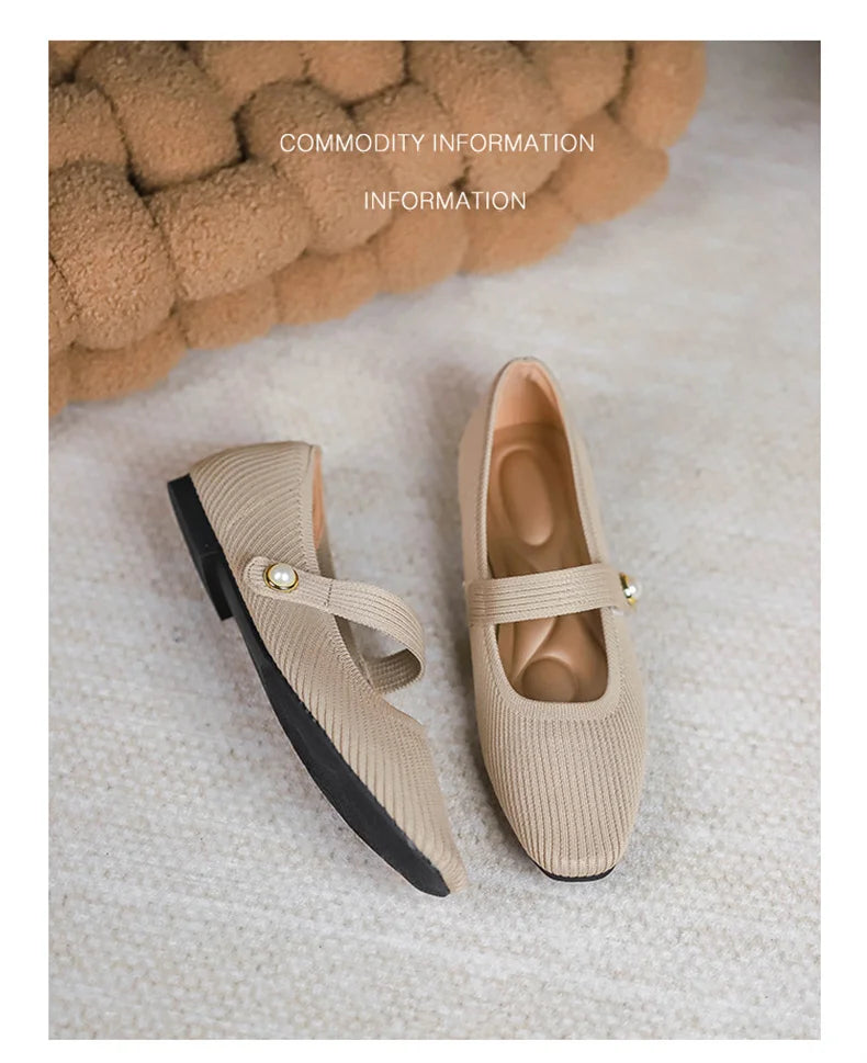 Women's Ankle Strap Weaving Ballerina Flats with Pearl