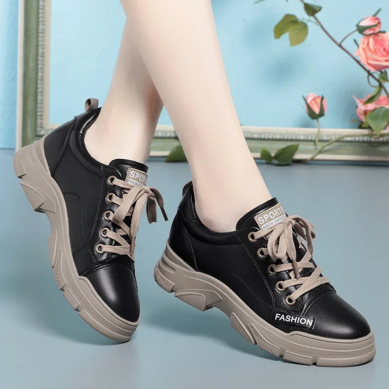 2024 Spring Non-slip Soft Leather Sneaker Trekking Footwear New Women's Thick-soled Lace-up Leisure Skateboard Sports Shoes - Buy online at  Vibe In Cart.