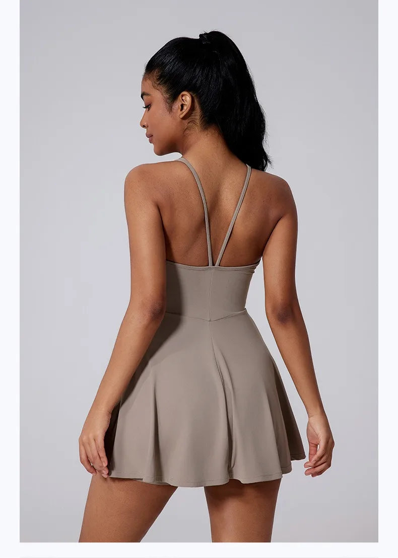 Women Beautiful Back Tennis Dress With Chest Cushion&Shorts Dreathable Outdoor Yoga Golf Skirt Workout Running Badminton Dress