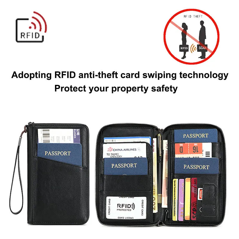 Multifunctional Travel Passport Wallet with RFID Protection in Microfiber Leather