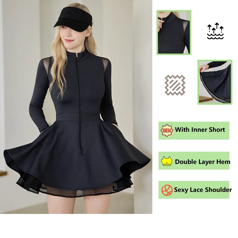 Spring Autumn Tennis Dress with Short Women Lace Ruffle Golf Sports Dresses Long Sleeve Sexy Zipper Skirt Exercise Yoga Clothing
