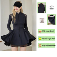 Spring Autumn Tennis Dress with Short Women Lace Ruffle Golf Sports Dresses Long Sleeve Sexy Zipper Skirt Exercise Yoga Clothing