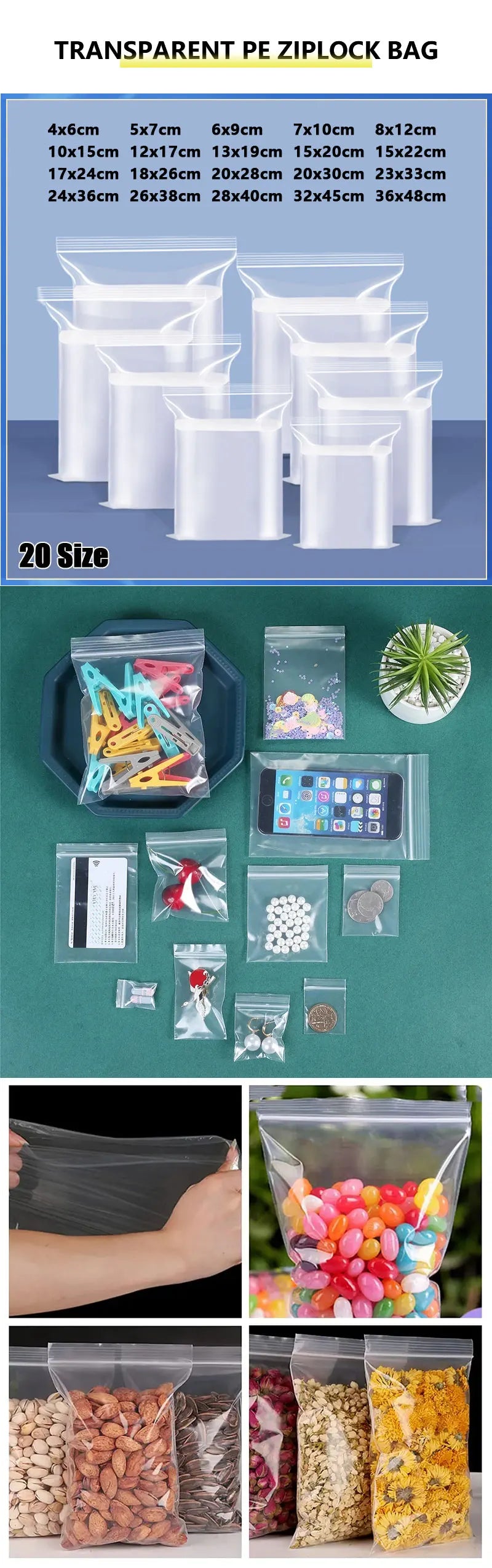 100 Piece Clear Plastic Zipper Storage Bags for Jewelry and Food
