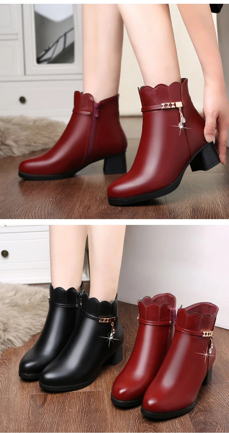 Women's Autumn Winter Soft Leather Warm Plush Ankle Boots Anti-Slip Thick Heel
