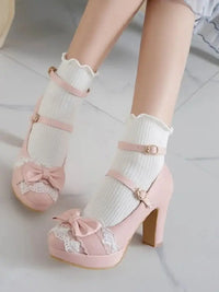 New high-heeled women's single shoes, white lace frills princess shoes, cute pink student party gathering high heels, thick-heel - Buy online at  Vibe In Cart.