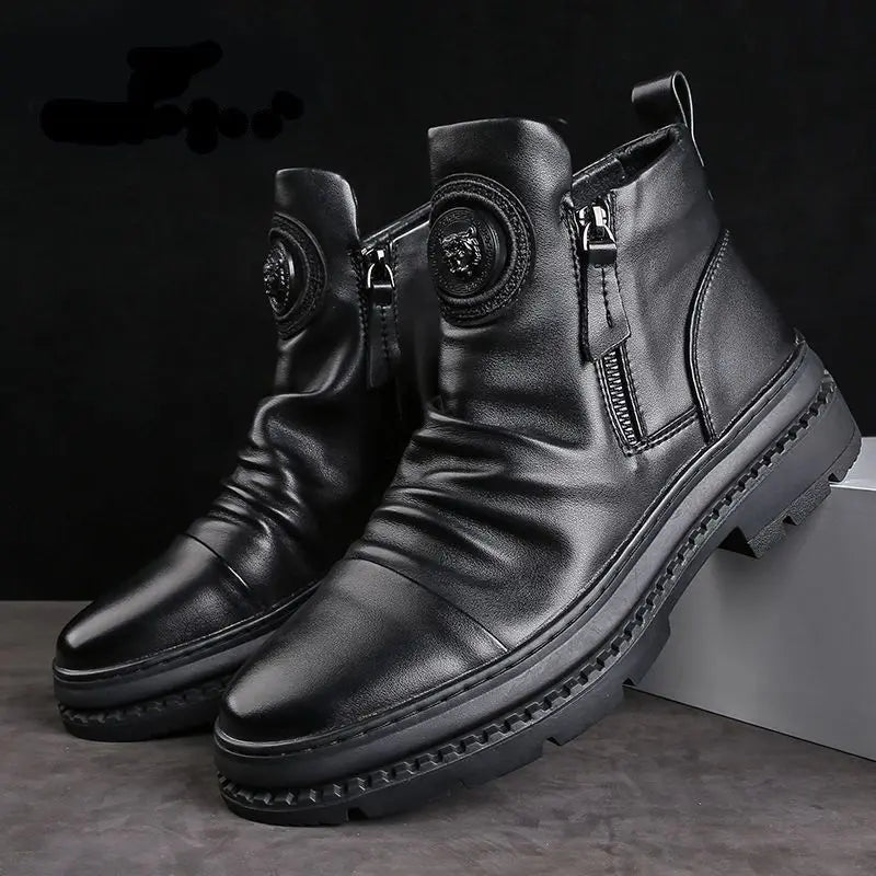 Men's Motorcycle Leather Boots British Style Round Head High Top Shoes Side Zip Walking Casual Platform Boots Bota Masculina - Buy online at  Vibe In Cart.