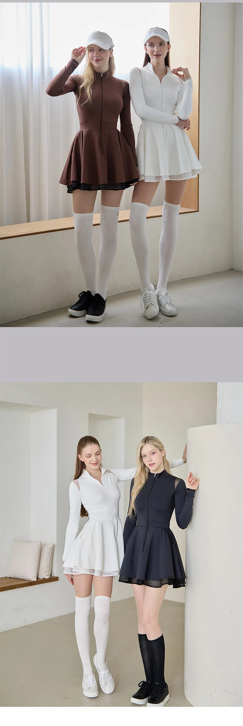 Spring Autumn Tennis Dress with Short Women Lace Ruffle Golf Sports Dresses Long Sleeve Sexy Zipper Skirt Exercise Yoga Clothing