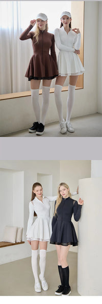 Spring Autumn Tennis Dress with Short Women Lace Ruffle Golf Sports Dresses Long Sleeve Sexy Zipper Skirt Exercise Yoga Clothing