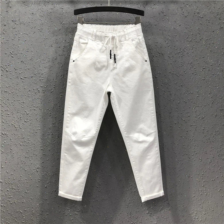 Women's White Straight Cotton Polyester Jeans Full Length