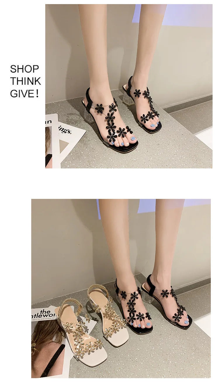 Women;s Sandals Pvc Crystal Flower Shoes for Women Decoration Chunky Heel Sandals Ladies Back Strap Fashion Shoes Female2024 - Buy online at  Vibe In Cart.