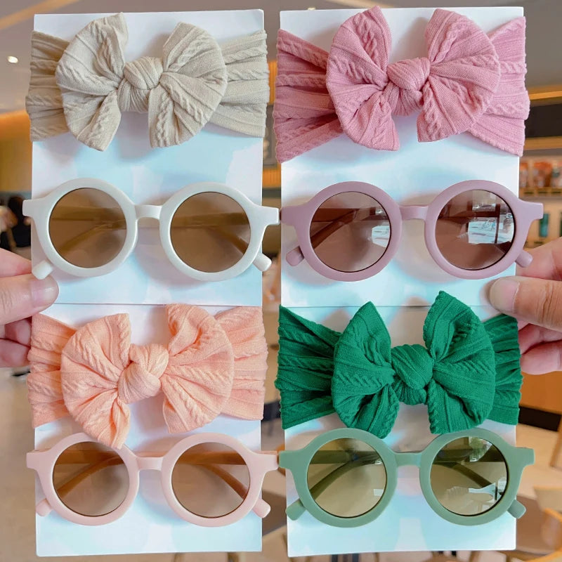 2 Pcs/Set New Children Solid Color Cotton Bowknot Wide Hairband Round Sunglasses Set Baby Girls Sunglasses Kids Hair Accessories - Buy online at  Vibe In Cart.