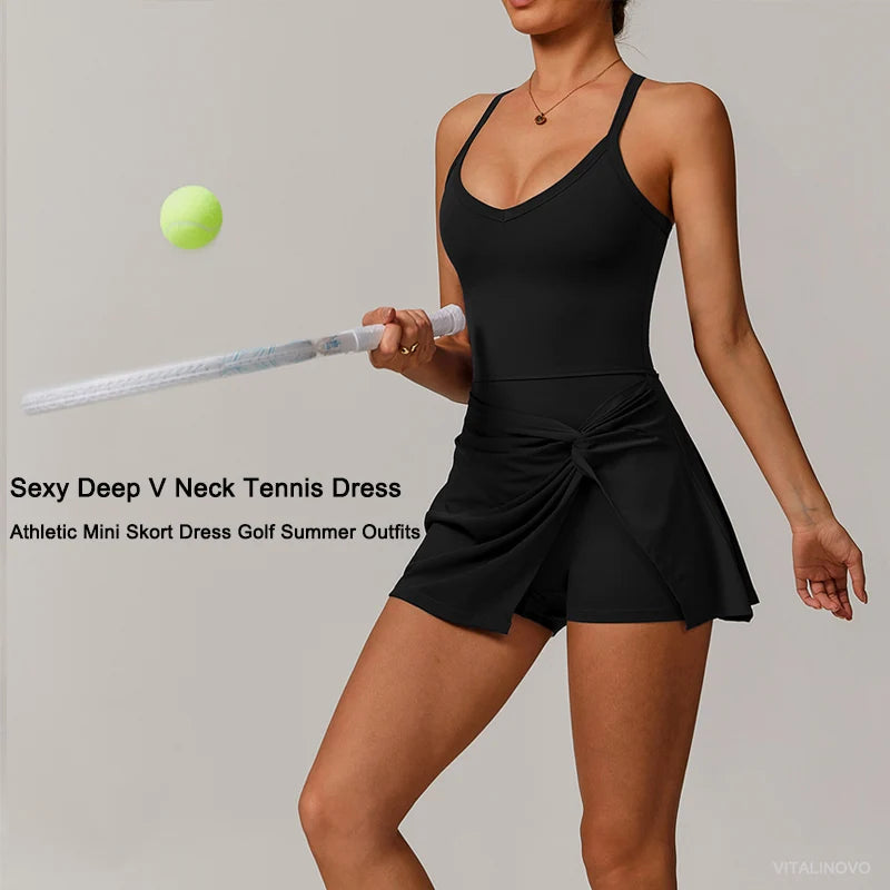 VITALINOVO Womens Tennis Dress with Shorts Underneath Workout Dress with Built-in Bra Deep V Neck Athletic Dresses Golf Dress - Buy online at  Vibe In Cart.