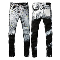 Men's Stretch Skinny Ripped Jeans Button Fly Purple Black