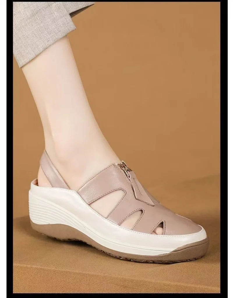 2025 New Genuine Leather Mom Sandals Women Peep-Toe Wedge Soft Sole Hollow-Out Breathable Slip-Resistant Casual Shoes - Buy online at  Vibe In Cart.
