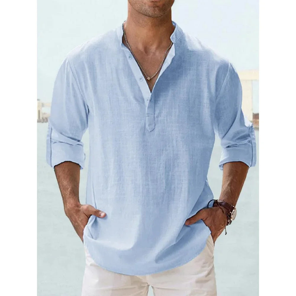 Cotton Linen Hot Sale Men's Short-Sleeved Shirts Summer Solid Color Henley Collar Casual Beach Style Hawaiian Vacation - Buy online at  Vibe In Cart.