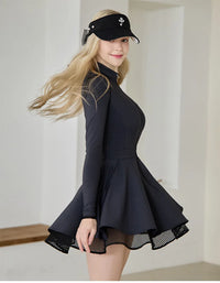 Spring Autumn Tennis Dress with Short Women Lace Ruffle Golf Sports Dresses Long Sleeve Sexy Zipper Skirt Exercise Yoga Clothing
