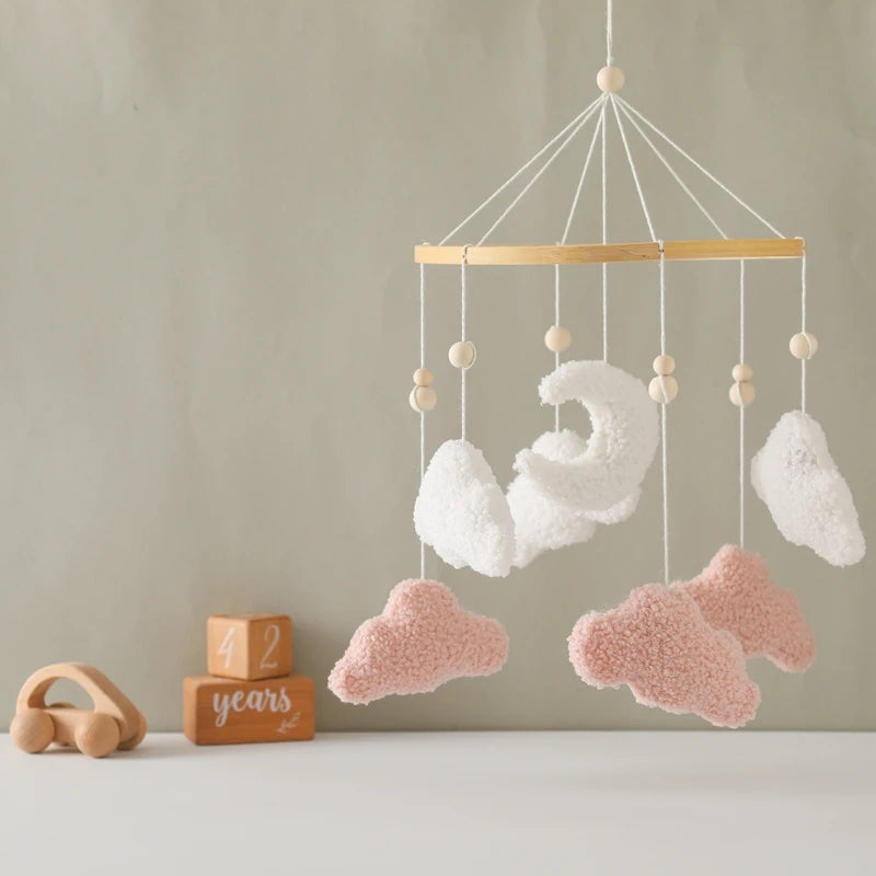 Wooden Crib Mobile Baby Bed Bell Rattle Toy Soft Felt Cartoon Bear Mobile bracket Newborn Music Box Bed Bell Hanging Bracket Toy